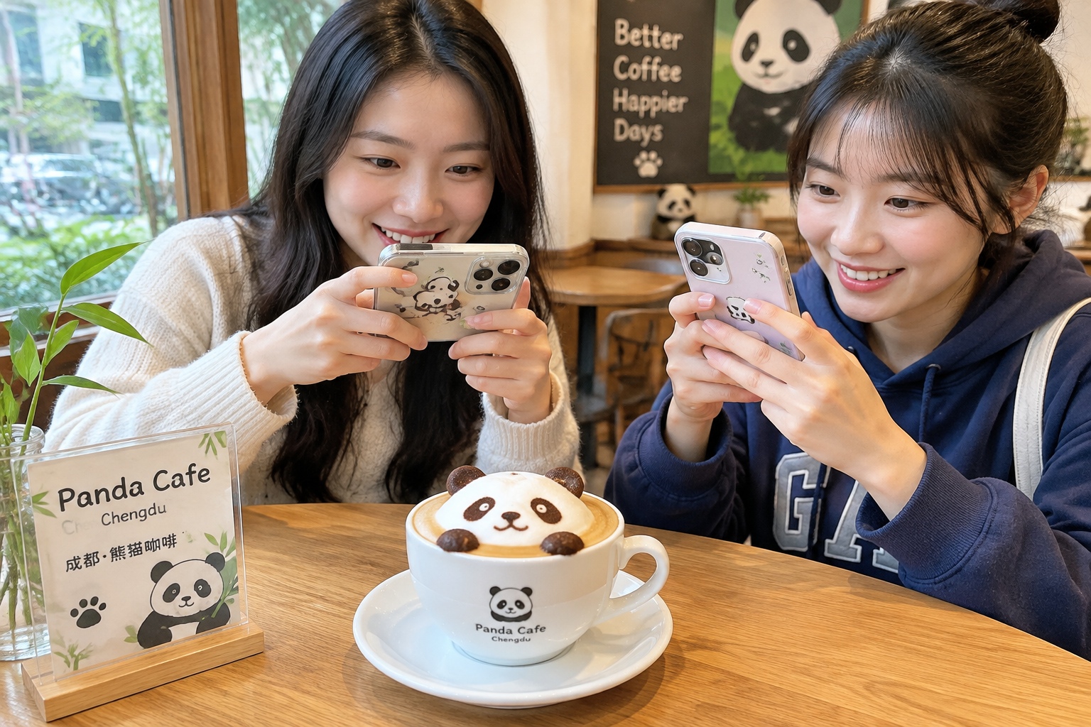 Why Pandas Became Global Cultural Icons 25 A panda-themed latte with panda-shaped foam art sits on a table in a Chengdu cafe as young customers take photos.