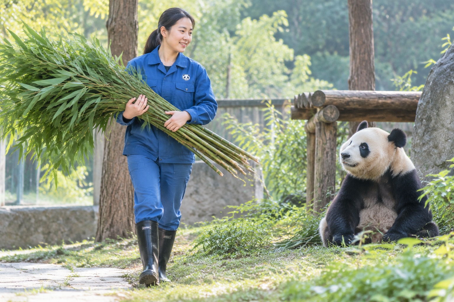 Visiting Pandas Responsibly: A Guide to Zoos and Reserves 22 A keeper in a blue uniform carries an armful of fresh bamboo into an outdoor enclosure while a giant panda watches at a breeding base in Sichuan, China.