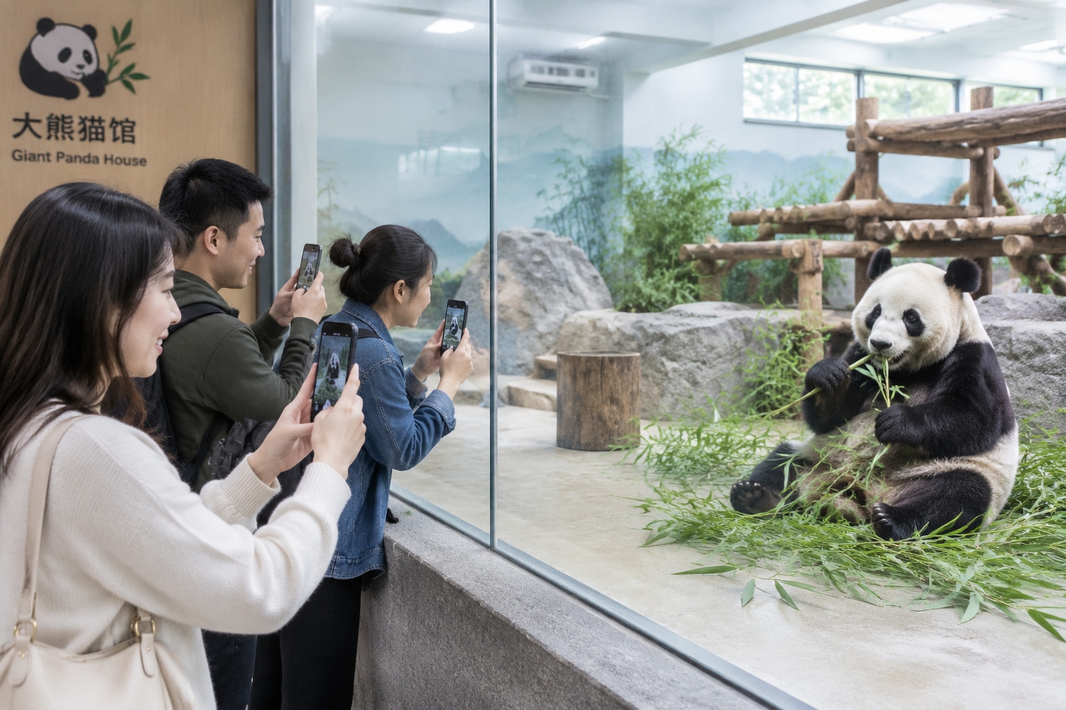 Visiting Pandas Responsibly: A Guide to Zoos and Reserves 23 Visitors hold up smartphones without flash to photograph a giant panda eating bamboo behind glass in an air-conditioned indoor enclosure at a Chinese panda base.