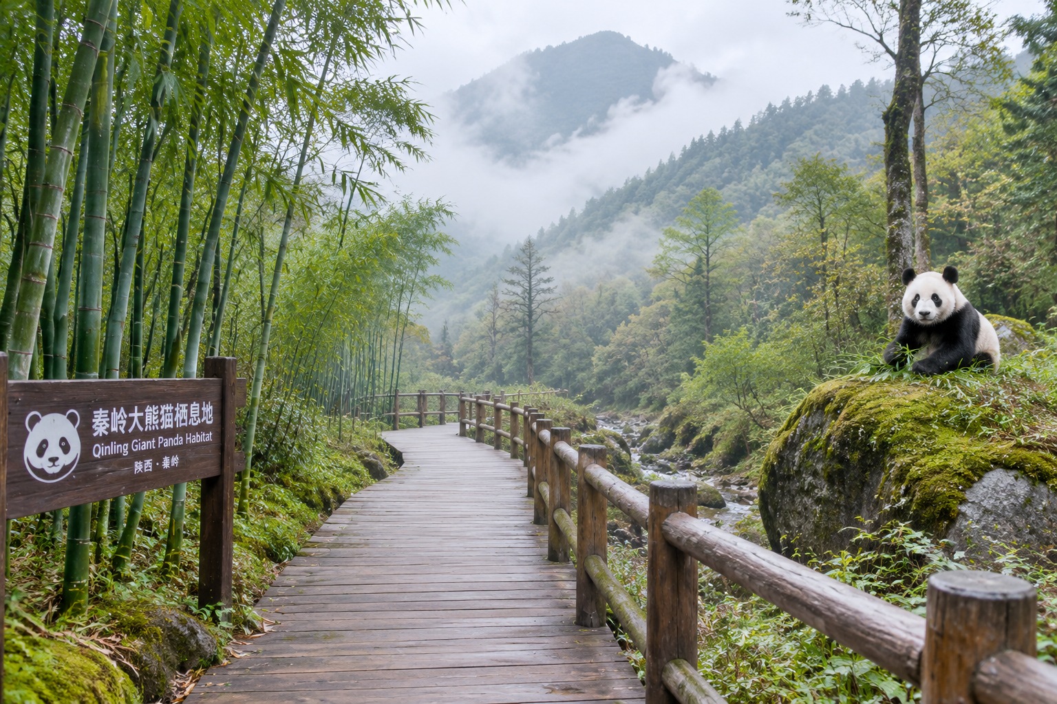 Visiting Pandas Responsibly: A Guide to Zoos and Reserves 24 A quiet wooden boardwalk winds through misty temperate forest in the Qinling Mountains of Shaanxi, China, part of the wild giant panda's habitat.
