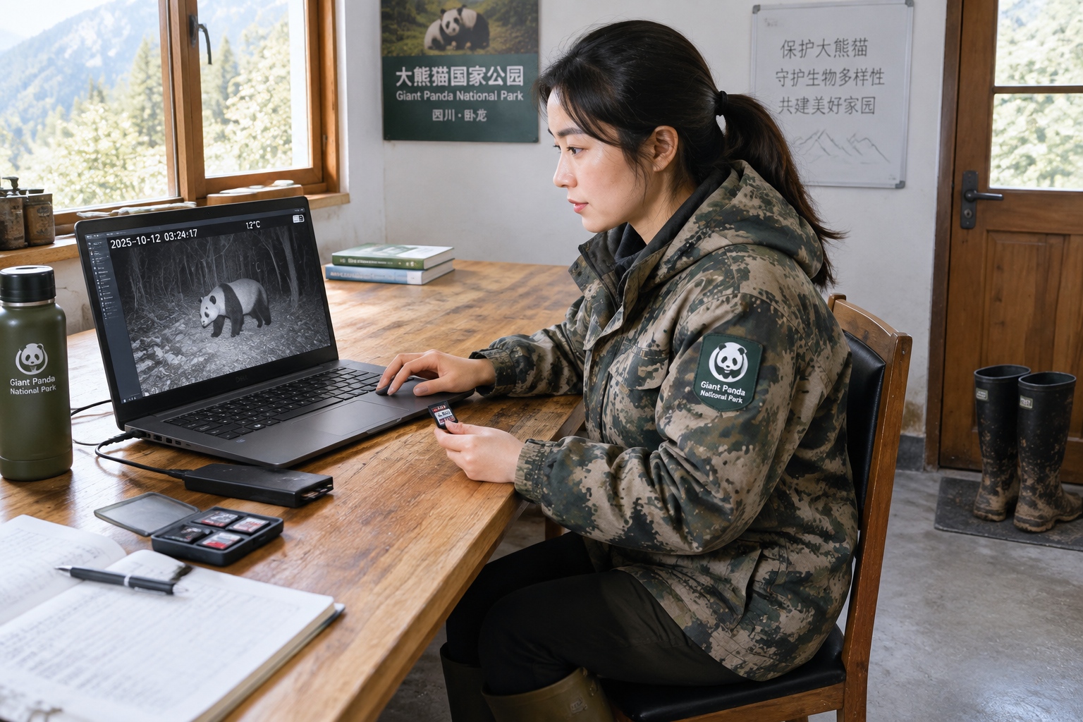 A ranger at a field station in Sichuan reviewing infrared camera-trap images of a wild giant panda on a laptop screen