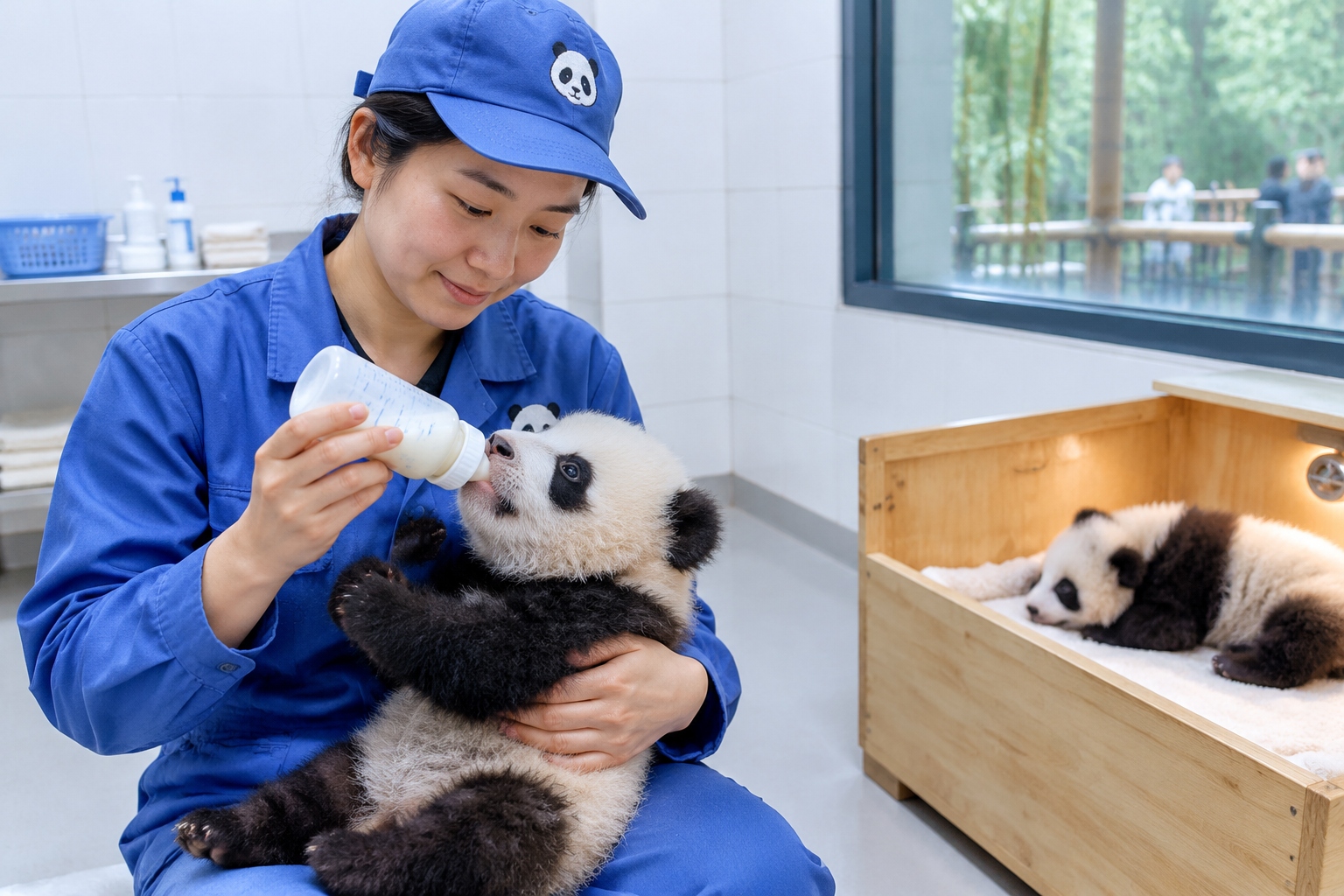 A keeper bottle-feeding a giant panda cub in the nursery of a breeding and research base in Chengdu, China
