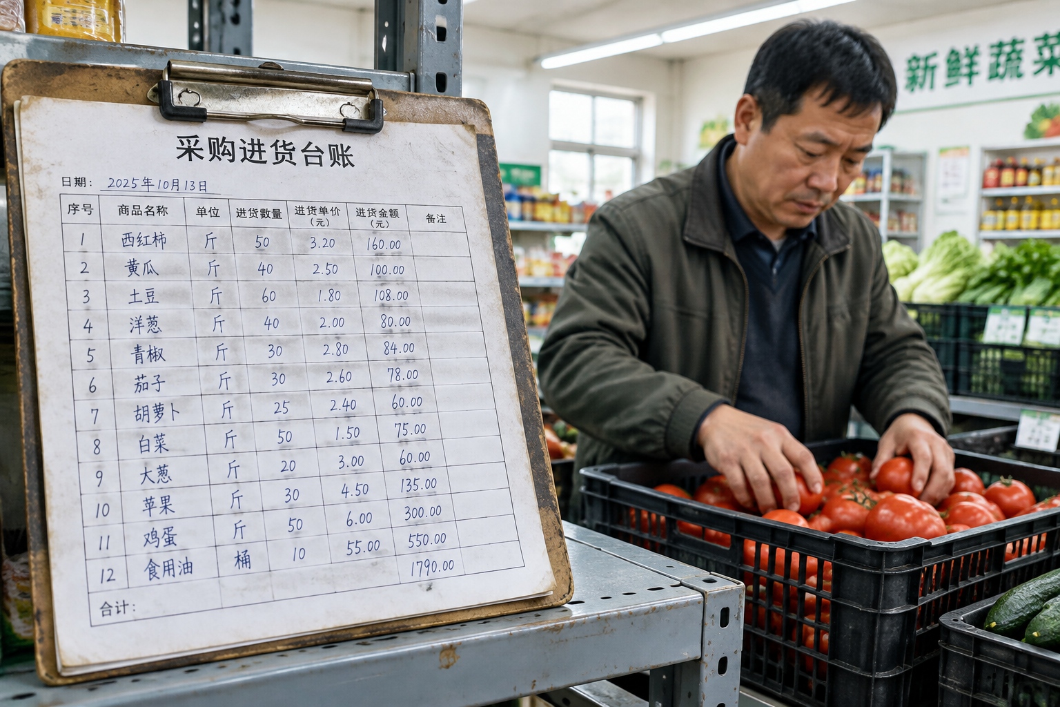 Small-town supermarket owner's purchase ledger showing vegetable prices and logistics costs