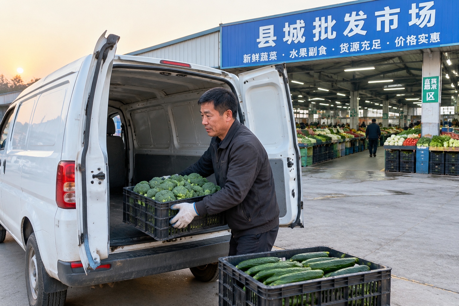 Small-town supermarket owner loading vegetables into a van at a county wholesale market