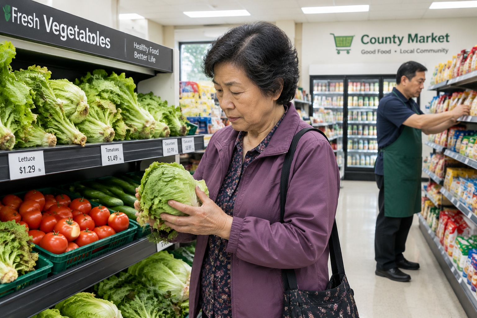 Vegetable shelf in a small-town supermarket with slow turnover and higher spoilage