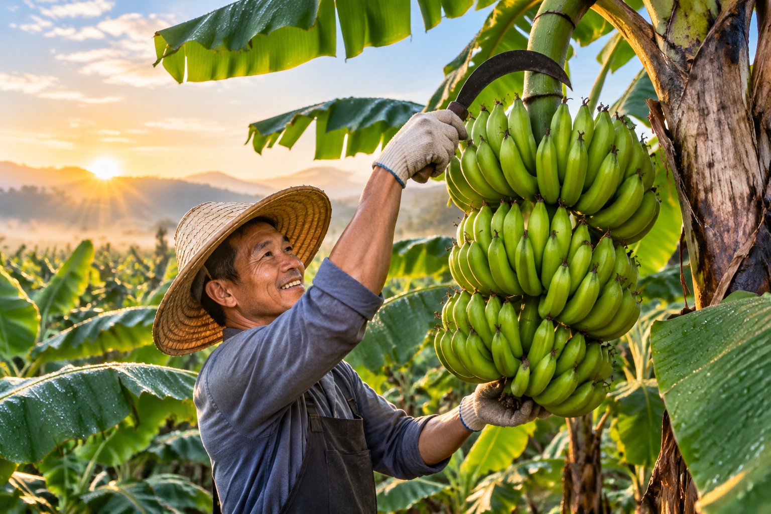 Banana farmer in Hainan cutting a bunch of bananas from a tree at dawn