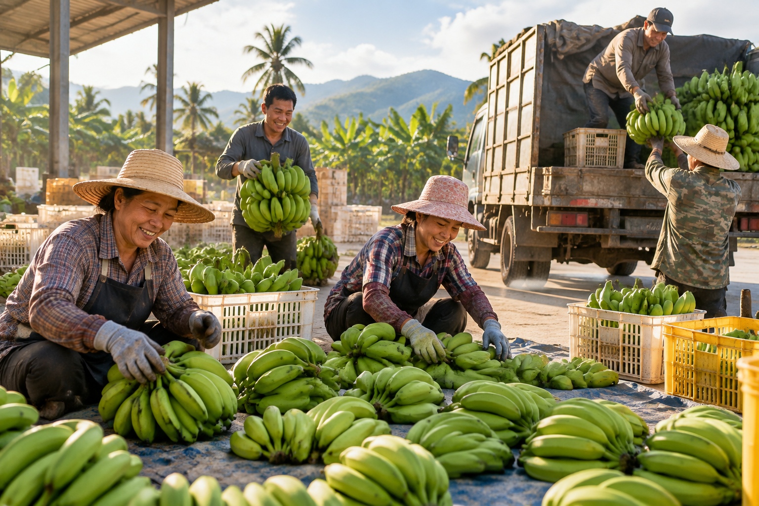 Workers sorting bananas at a collection point in Hainan