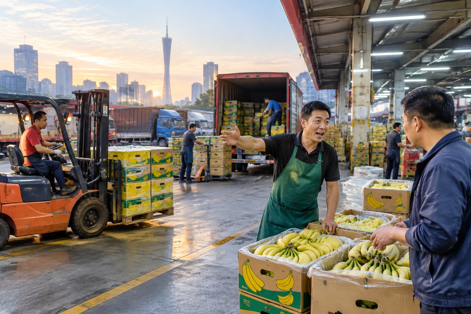 Early morning at a regional wholesale market in Guangzhou with forklifts and banana boxes