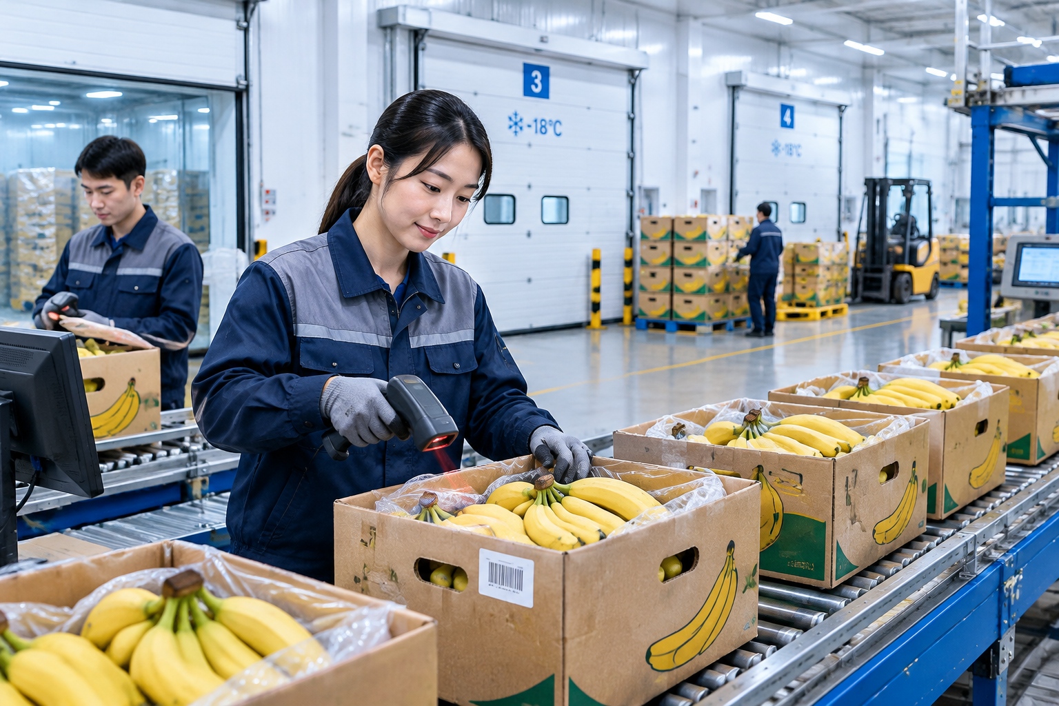 Workers scanning banana boxes inside a modern distribution center near Beijing