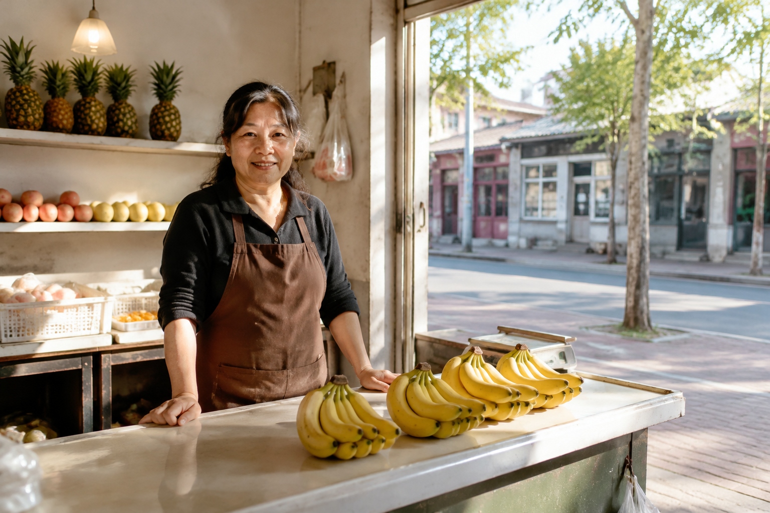 Small fruit shop owner in a Hebei county town standing behind her counter