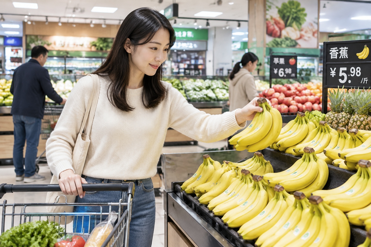 Shopper choosing bananas in a Beijing supermarket produce section