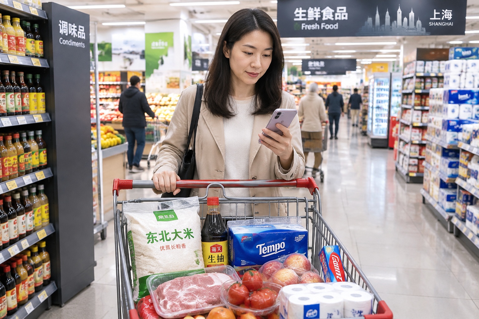 Chinese woman pushing a shopping cart with groceries in a Shanghai supermarket aisle