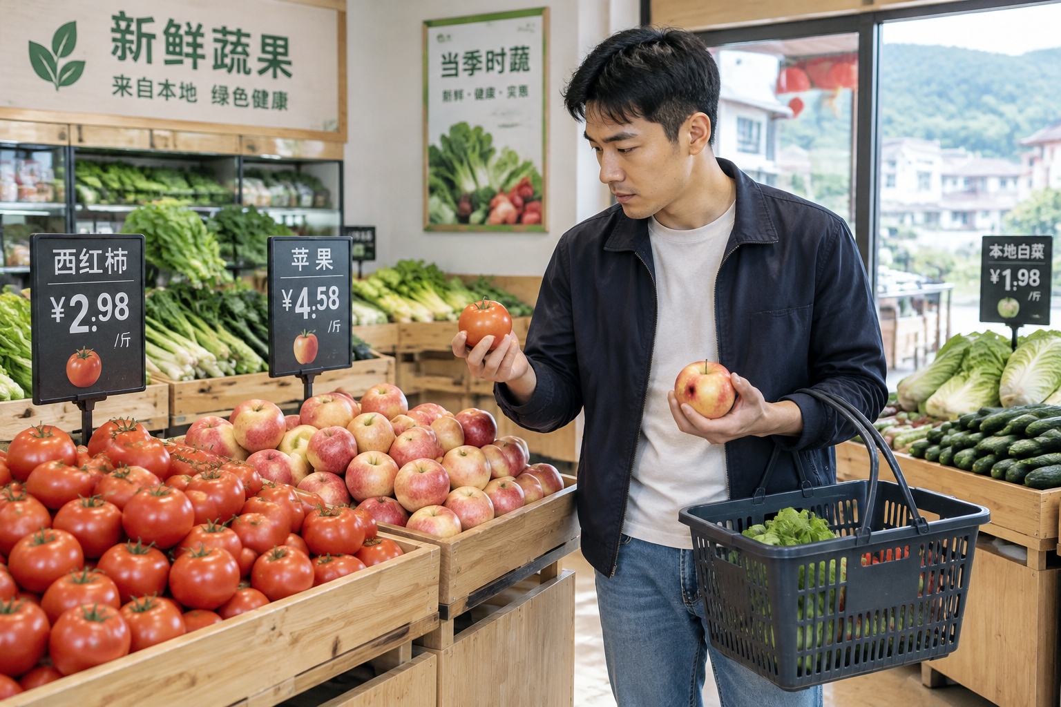 Man shopping for fresh tomatoes and apples in a county-town supermarket in Hubei