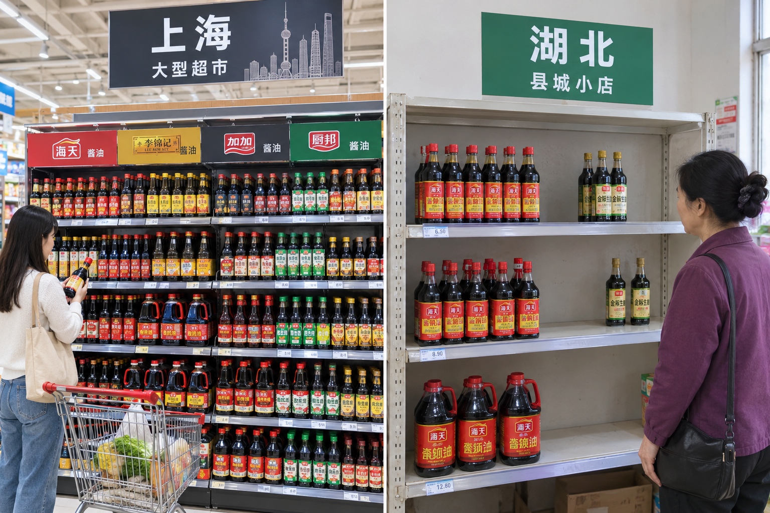 Split-screen comparison of soy sauce shelves in Shanghai and Hubei supermarkets showing difference in brand choice
