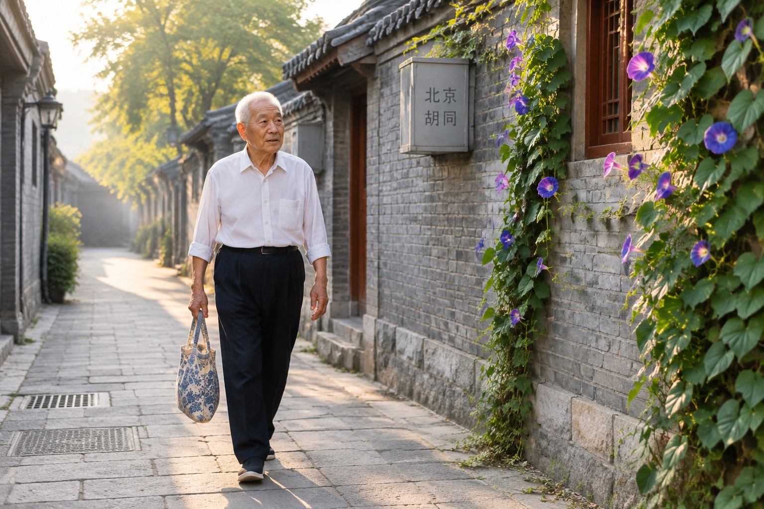 Elderly Chinese man walking through a narrow Beijing hutong at dawn with a cloth bag, gray brick walls and morning glories on the fence