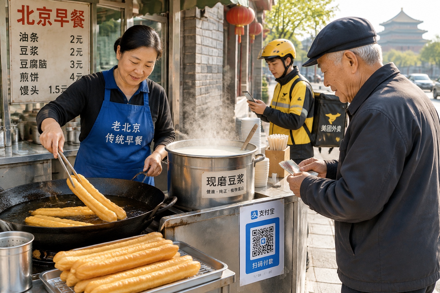 Beijing breakfast stall with a woman frying youtiao, soy milk steam, a QR code on the counter, an elderly man paying cash and a young rider scanning the code