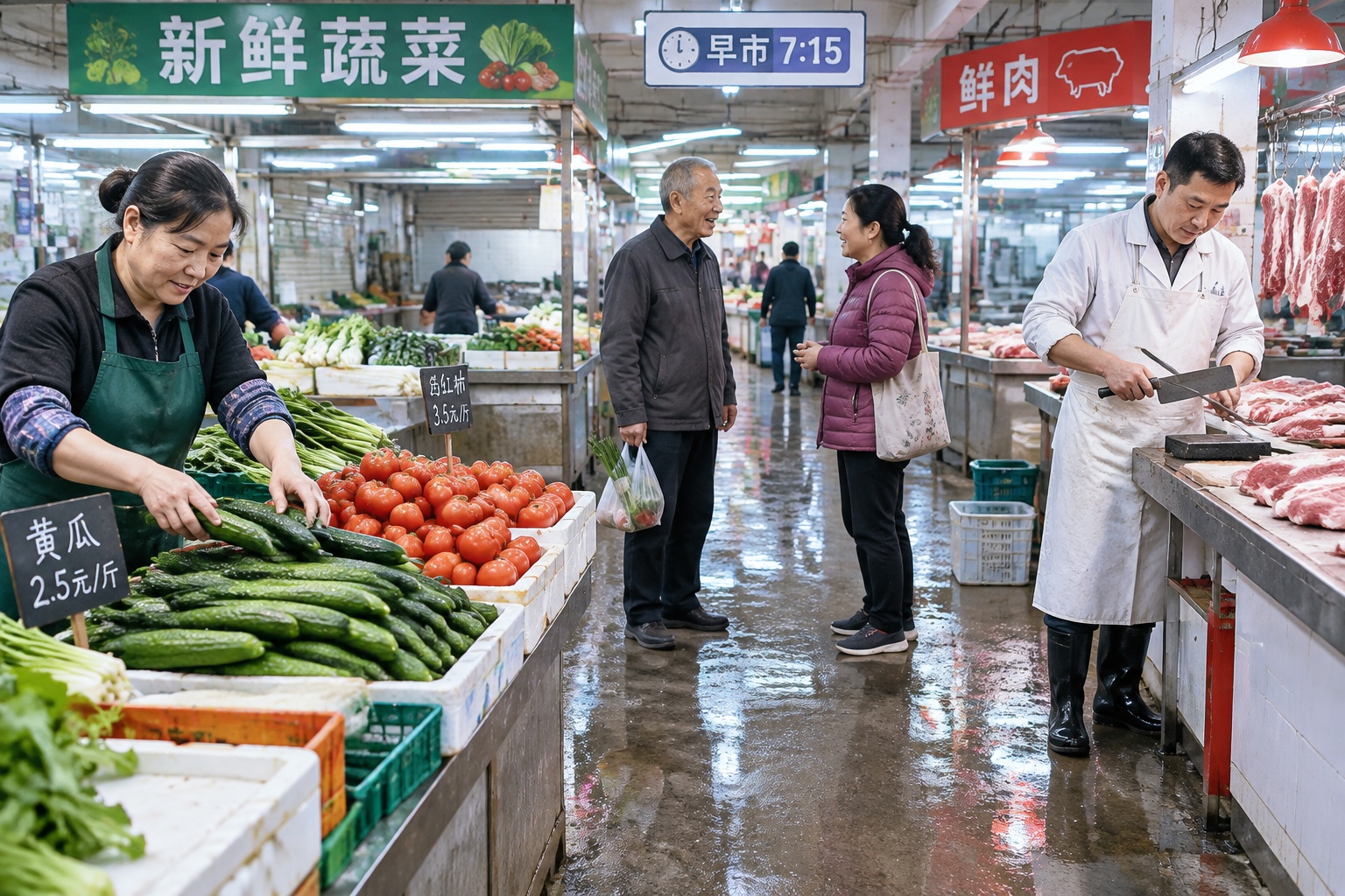 Beijing wet market in the morning with vegetable stalls, a butcher, bright lights, and two elderly neighbors talking