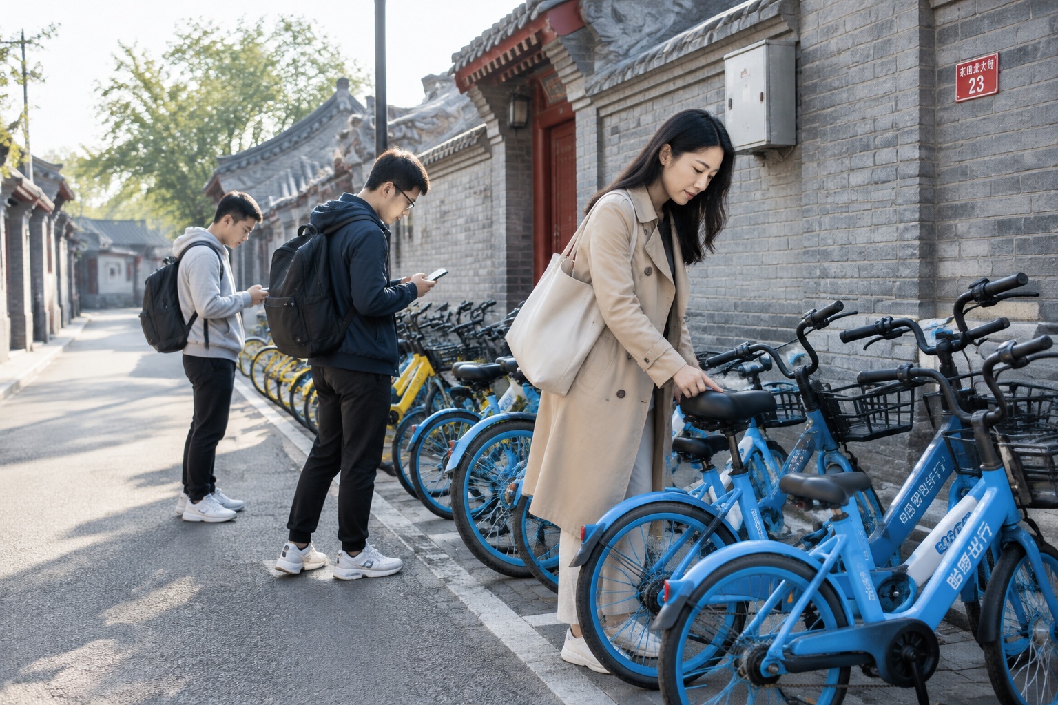 Young commuters scanning shared bikes in a Beijing hutong in the morning, a woman in a trench coat adjusting a blue bike, gray brick walls behind