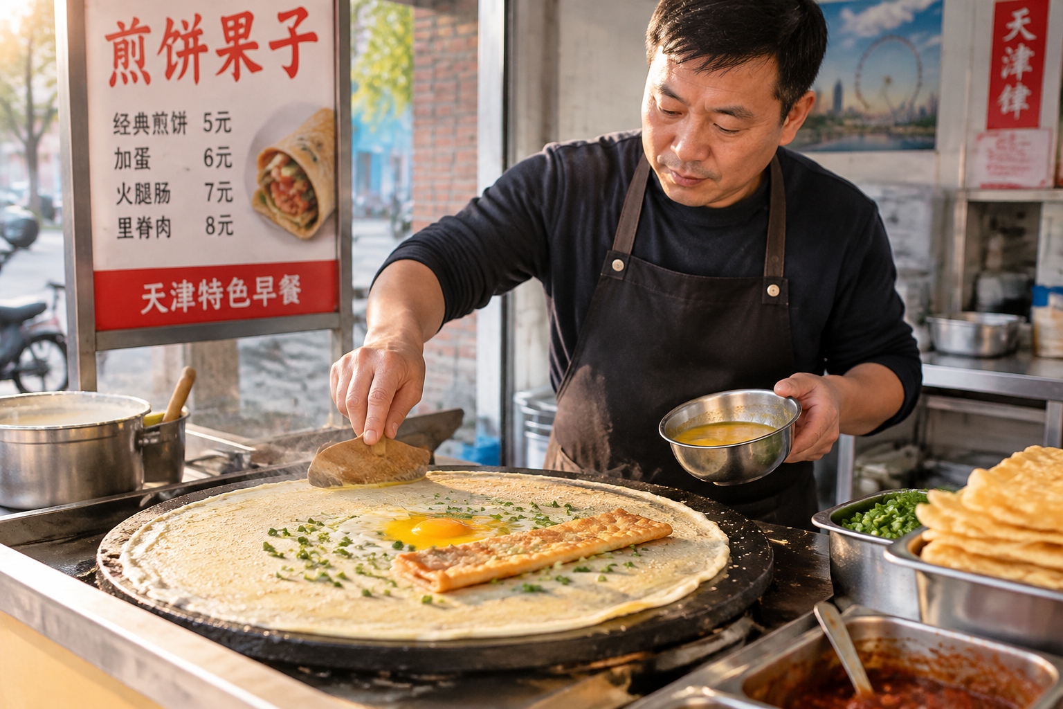 A Tianjin street vendor spreading jianbing batter on a hot griddle while cracking an egg for a customer's breakfast
