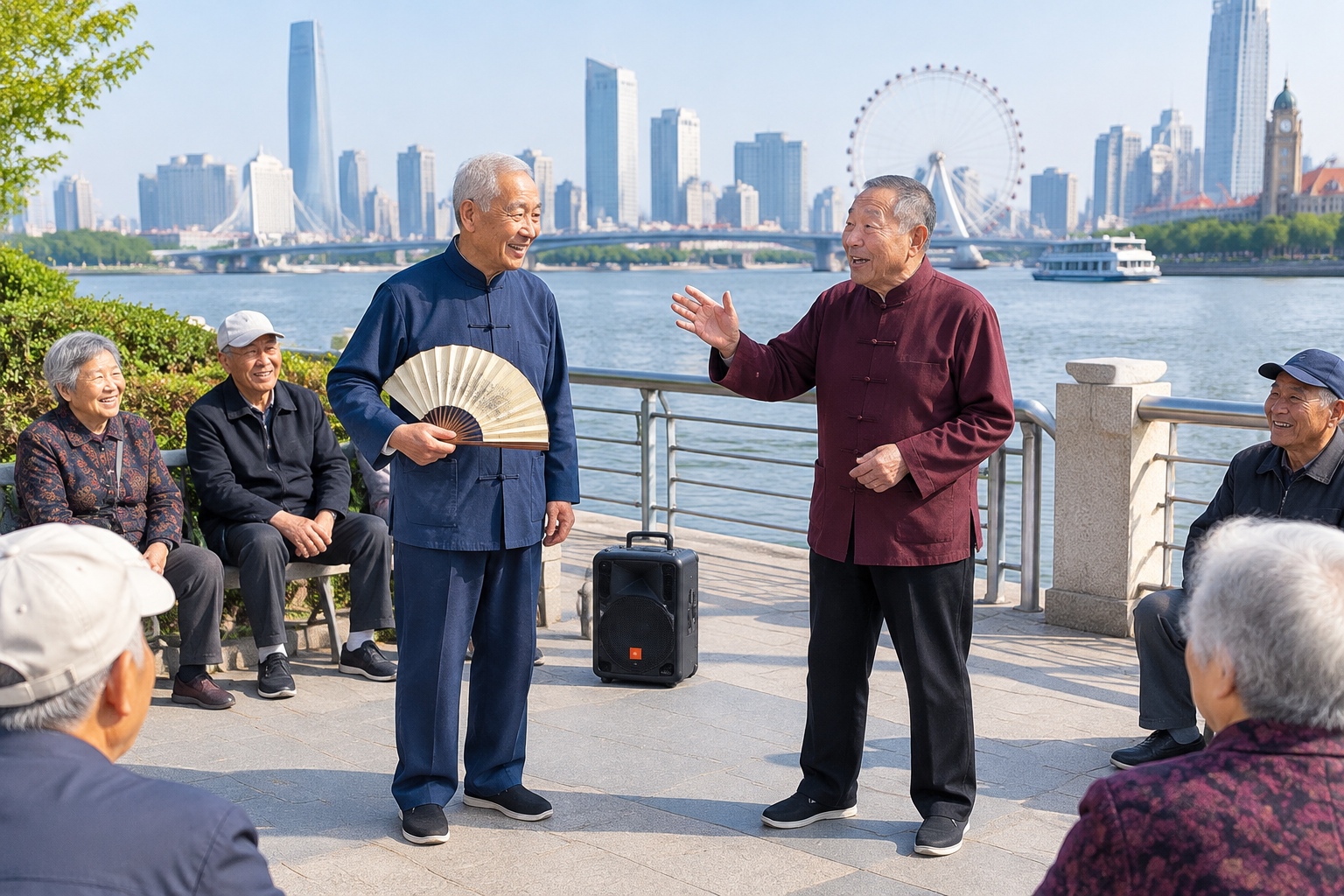 Two elderly men performing amateur crosstalk for a small crowd in a riverside park along the Haihe River in Tianjin