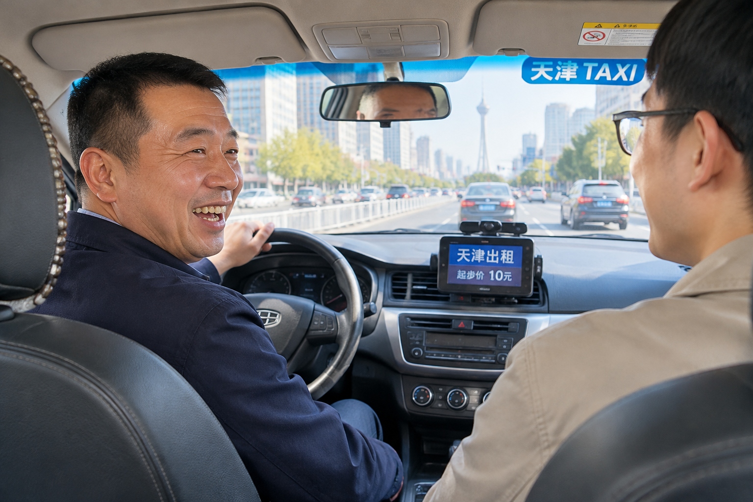 A Tianjin taxi driver chatting and laughing with a passenger while driving through the city in the morning