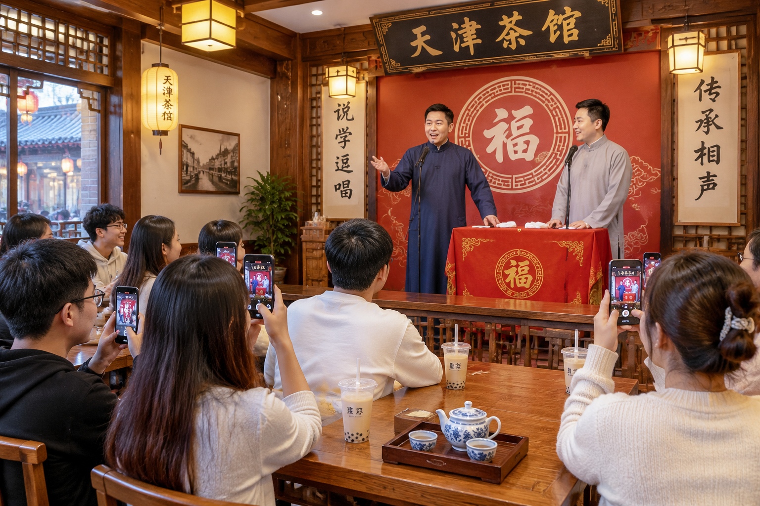 Young audience members filming a crosstalk performance on their phones inside a traditional Tianjin teahouse at night