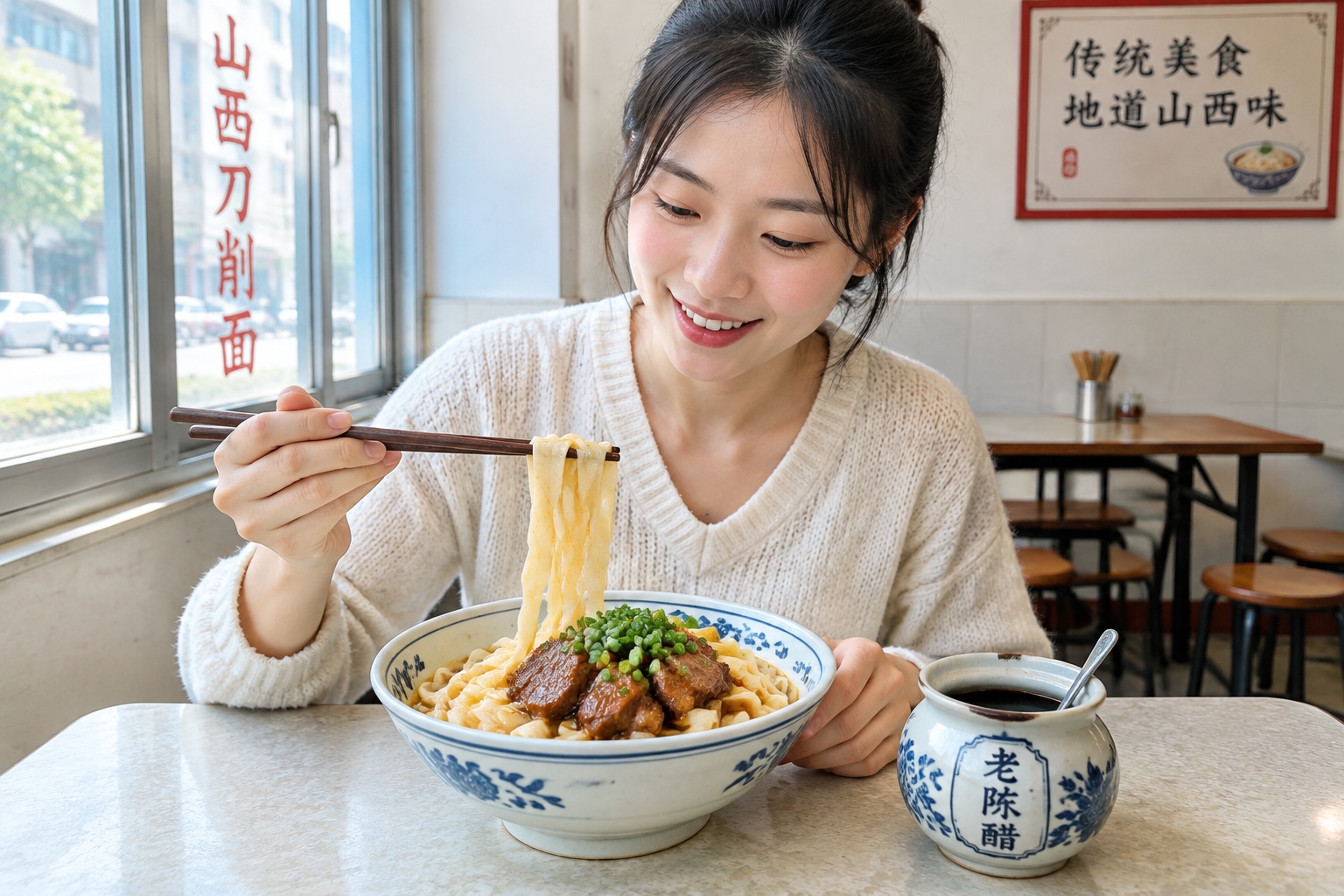A bowl of Shanxi knife-cut noodles with braised pork and a side of aged black vinegar on a simple table in a local noodle shop