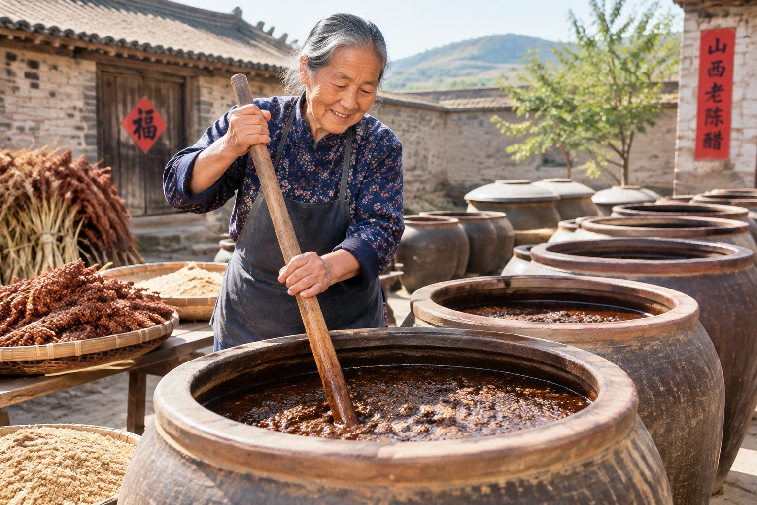 An elderly woman stirring clay jars of fermenting vinegar in a rural Shanxi courtyard, continuing a traditional craft