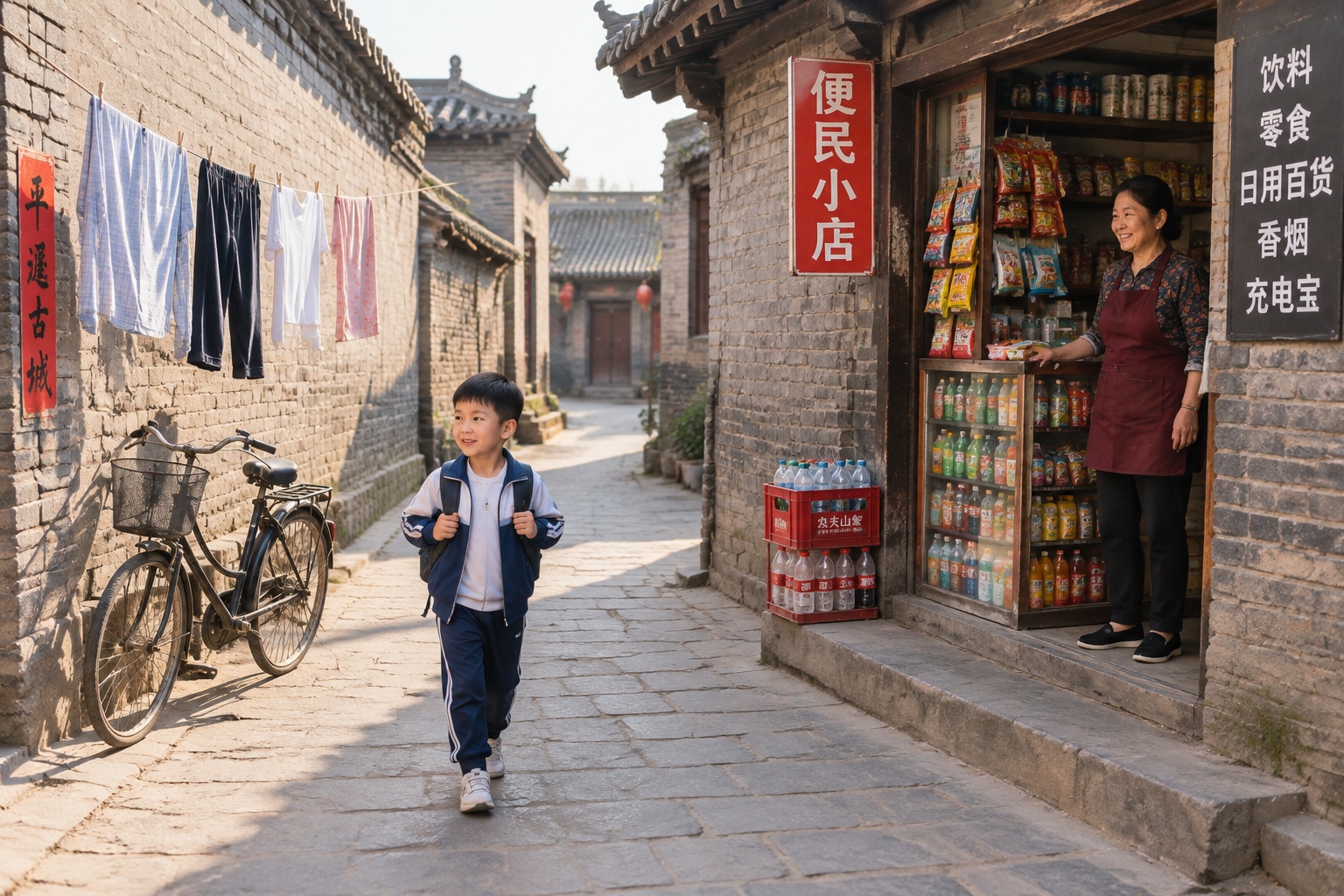 A narrow alley outside Pingyao's tourist streets with laundry hanging, a bicycle, and a small shop, showing everyday life in Shanxi