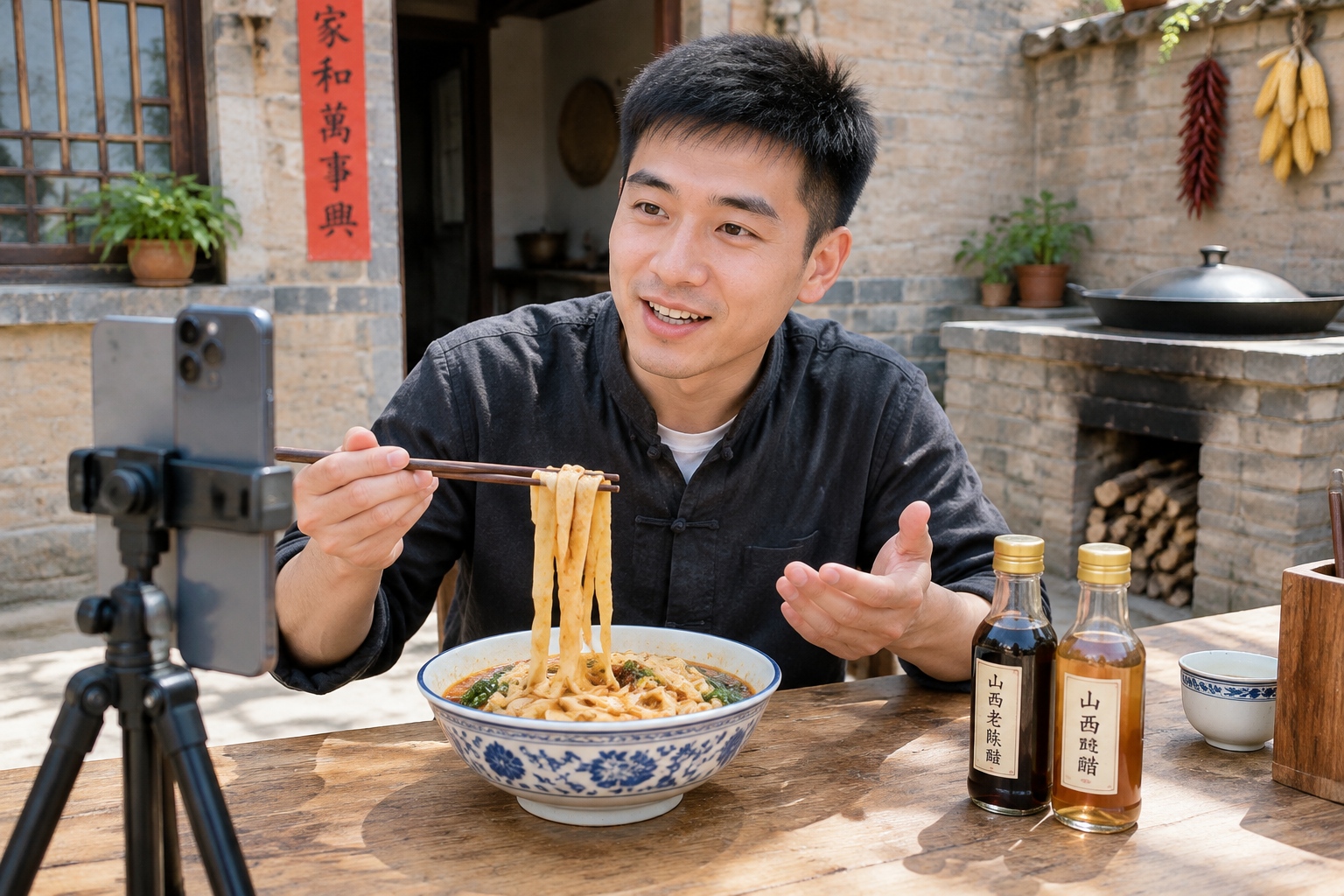 A young man livestreaming from his courtyard kitchen in Shanxi, selling his grandmother's aged vinegar online