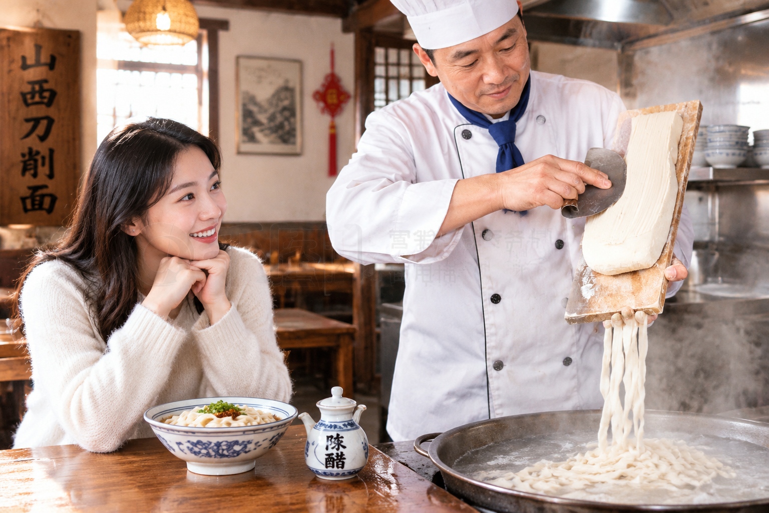 A visitor watching a chef hand-slice noodles in a small Shanxi restaurant while eating a bowl of knife-cut noodles with vinegar