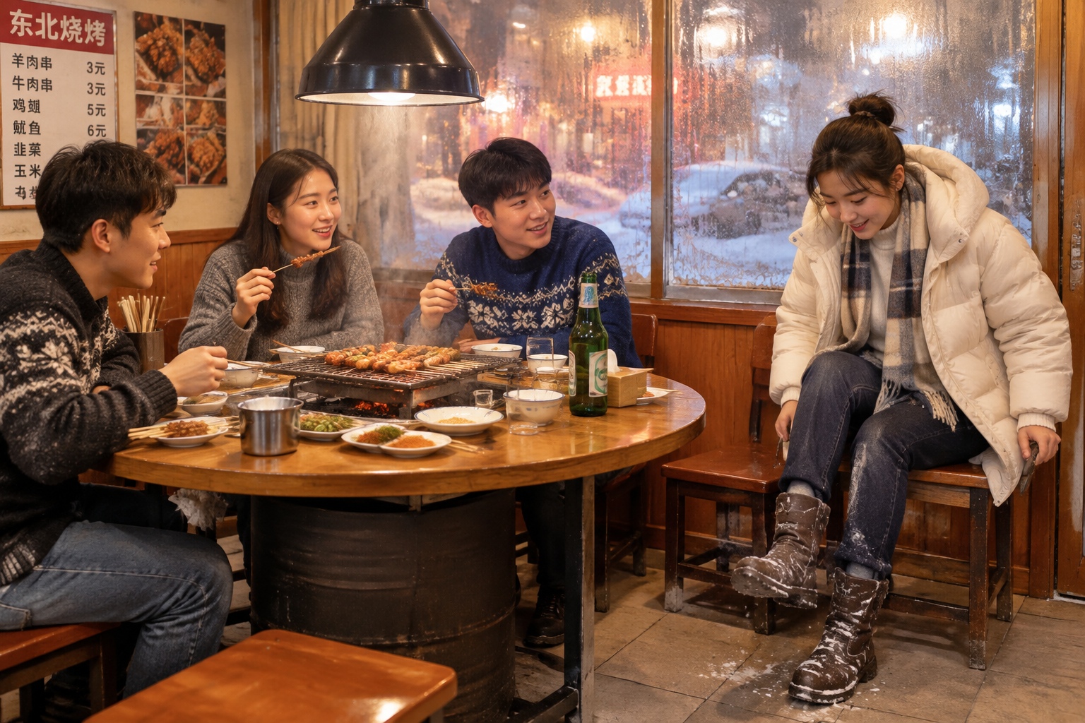 Customers sitting around a charcoal grill inside a small barbecue restaurant in Changchun on a snowy winter night