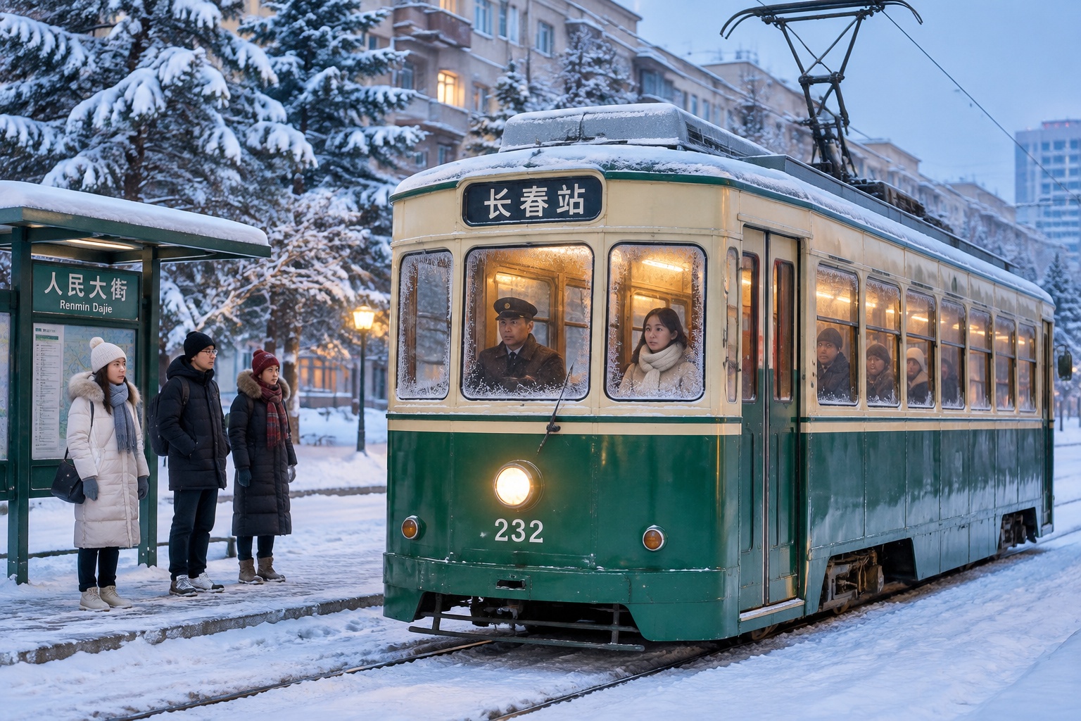 A vintage tram moving through a snowy street in Changchun at night with frost on the windows