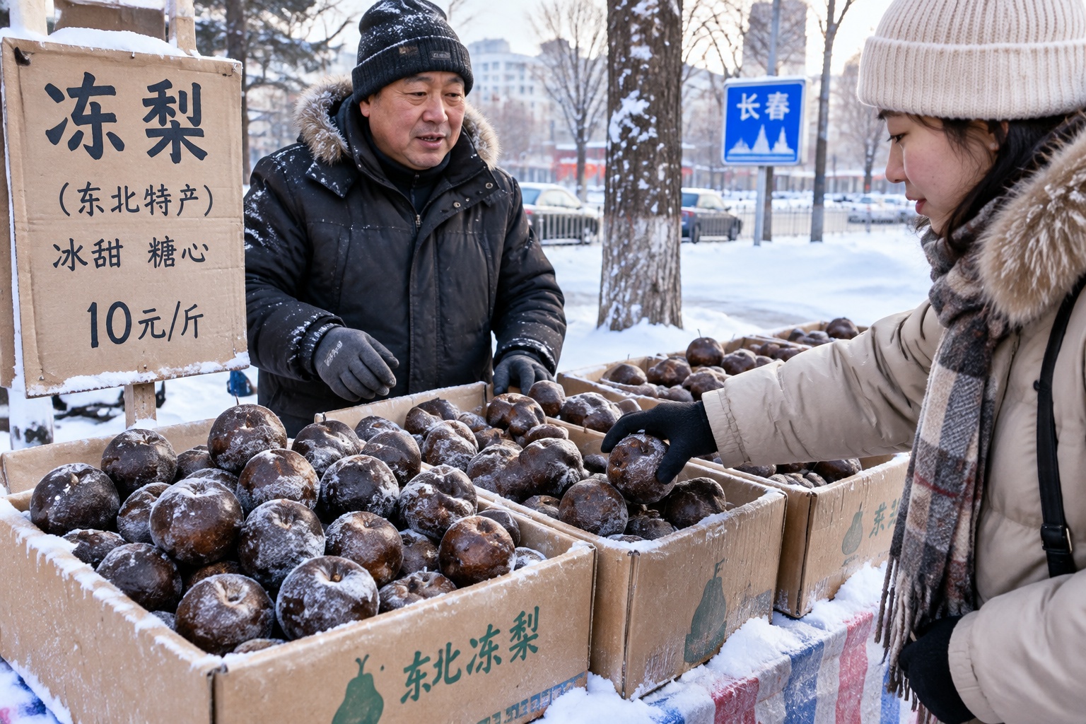 Frozen pears sold at a street stall in Changchun during winter, dark brown and hard as stones