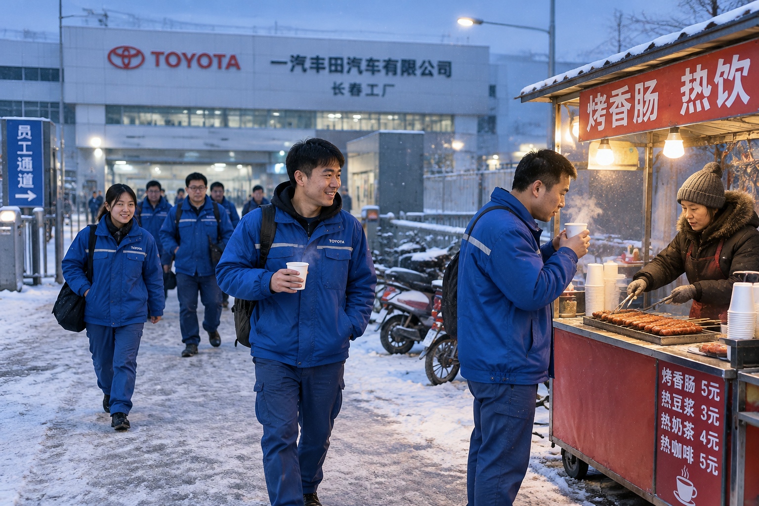 Factory workers in blue jackets leaving an auto plant in Changchun at night, stopping at food stalls in the snow