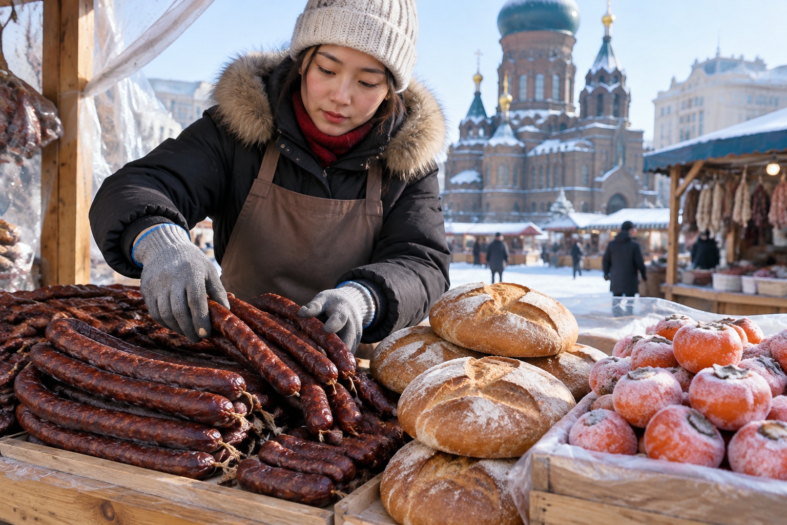 Smoked red sausages, Russian-style bread, and frozen persimmons on a wooden stall at a Harbin morning market in winter