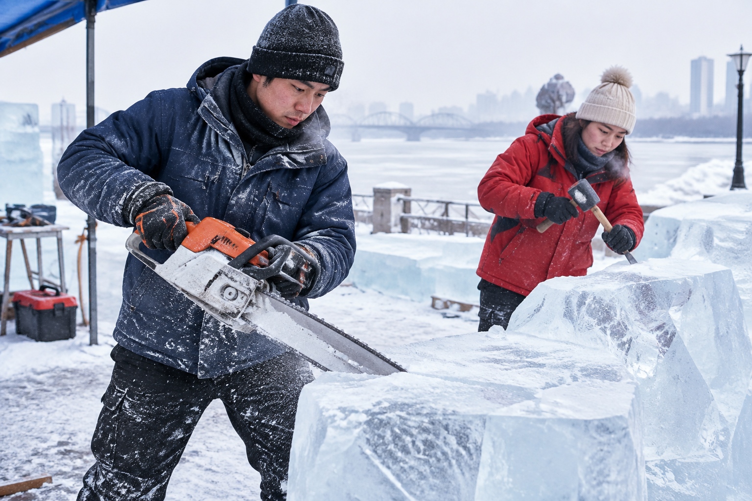 Ice sculptors using chainsaws and chisels on large ice blocks in a Harbin outdoor workshop in winter