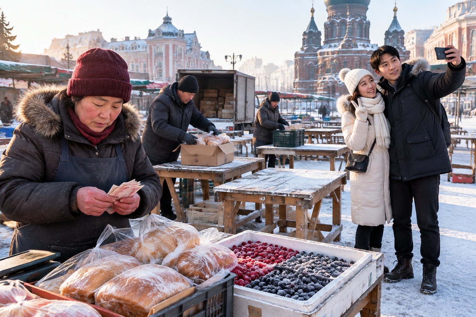 Vendors packing up and a woman counting money at the end of a winter morning market in Harbin