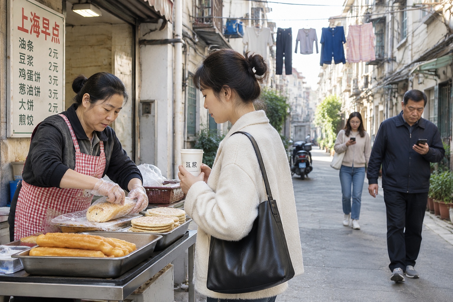 A Shanghai breakfast vendor wrapping sticky rice rolls at an alley entrance in the early morning