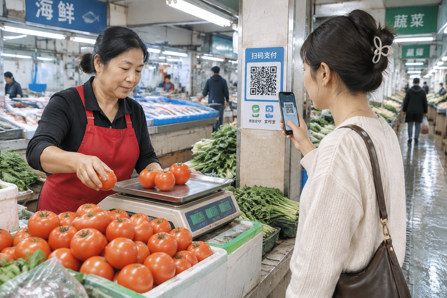 A customer paying with a smartphone QR code at a vegetable stall in a Shanghai wet market
