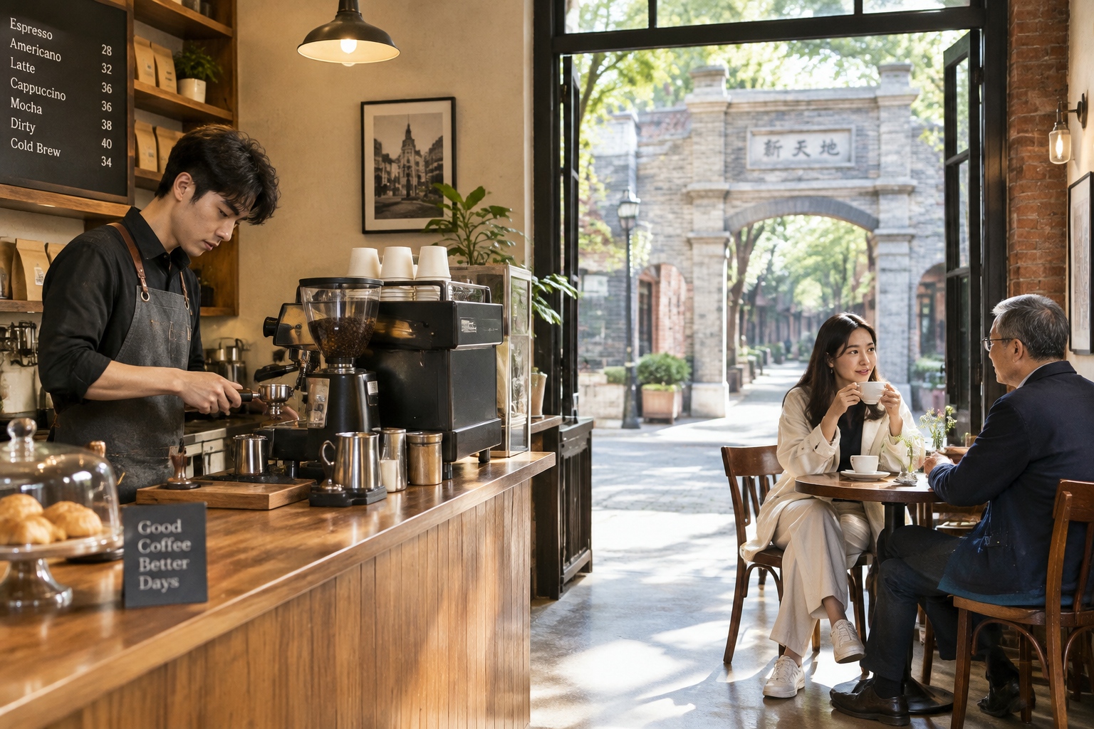 A specialty coffee shop inside a converted shikumen building in Shanghai with a barista and two customers