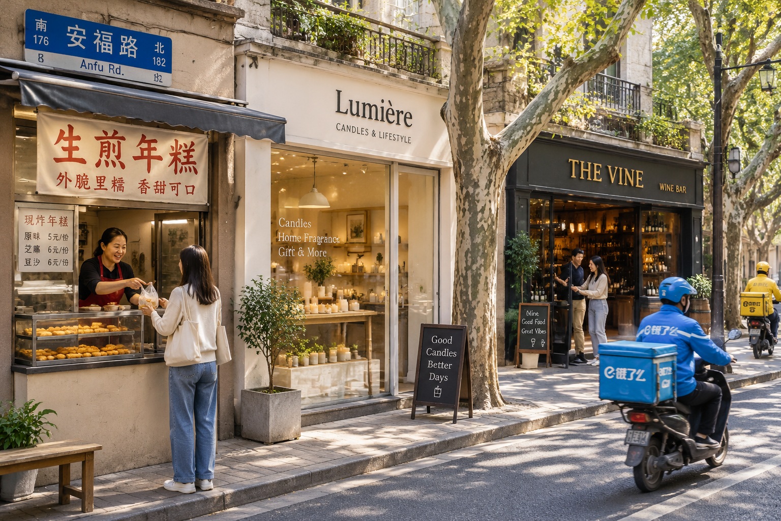 A Shanghai street with a local rice cake vendor, a boutique, and a wine bar sharing the same block