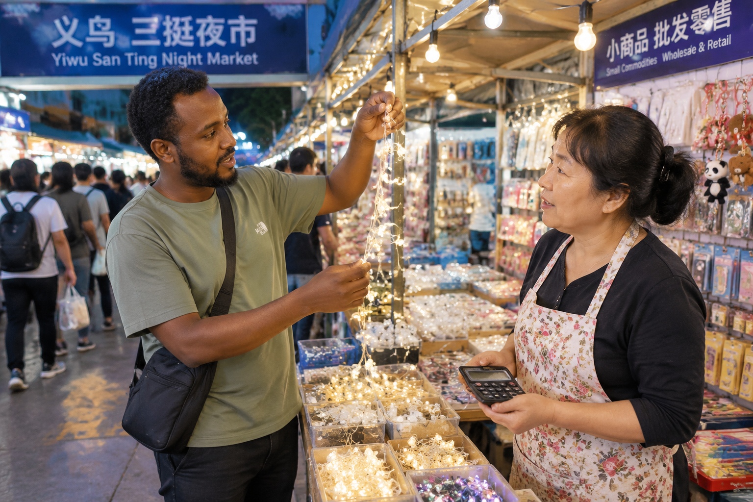 Foreign trader bargaining with a Chinese vendor at Yiwu night market over LED lights, with calculator in hand.