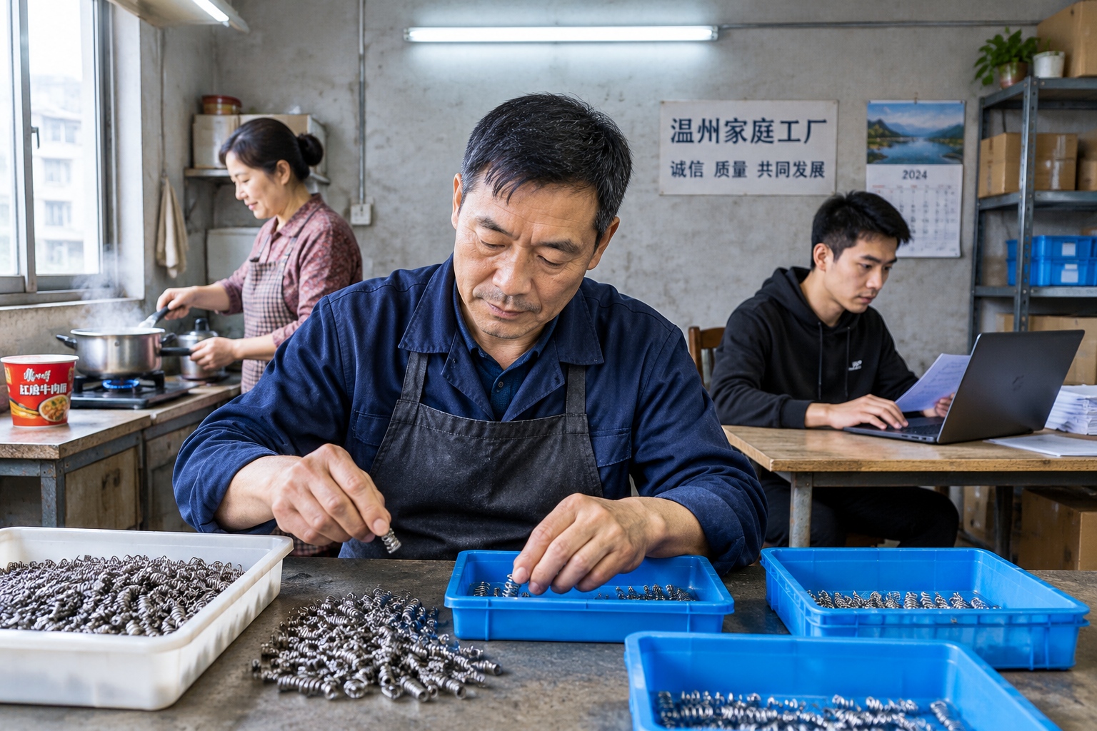 Inside a Wenzhou family factory at dawn: father sorting metal springs, mother boiling water, son checking orders on laptop.