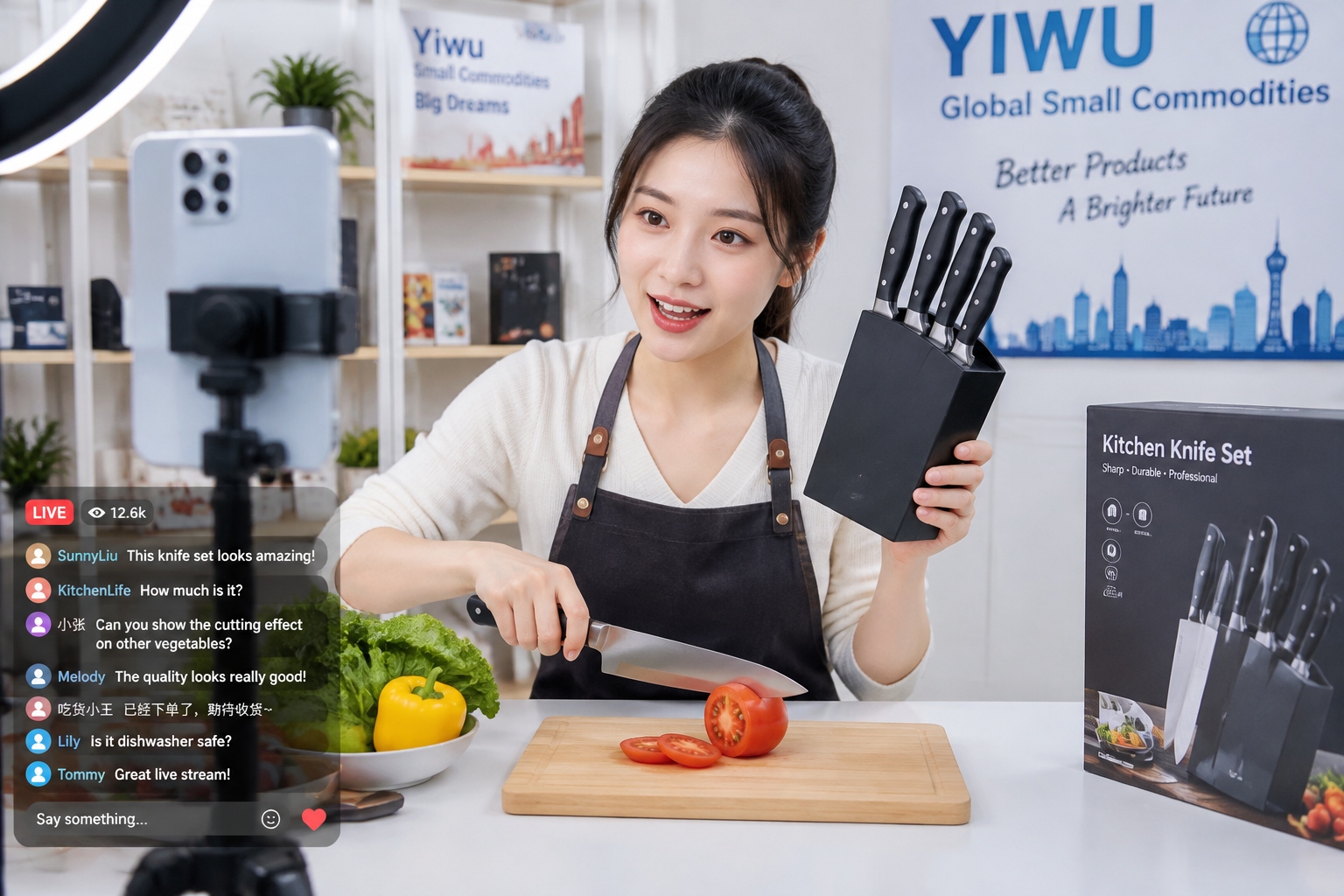 Young Chinese woman livestreaming on Douyin, selling kitchen knives from a studio in Yiwu.