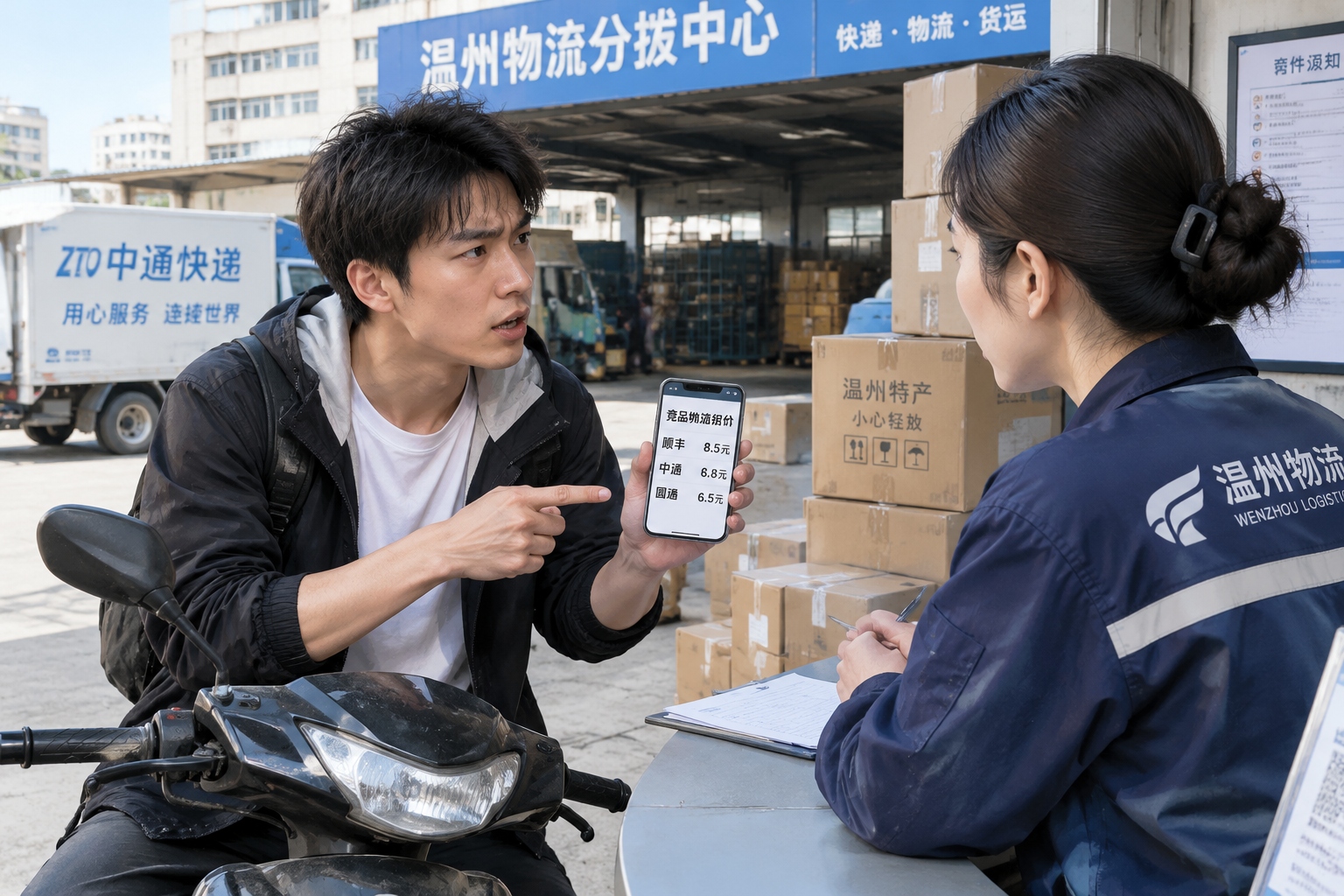 Young Wenzhou small boss arguing with logistics clerk over shipping rates, holding smartphone.