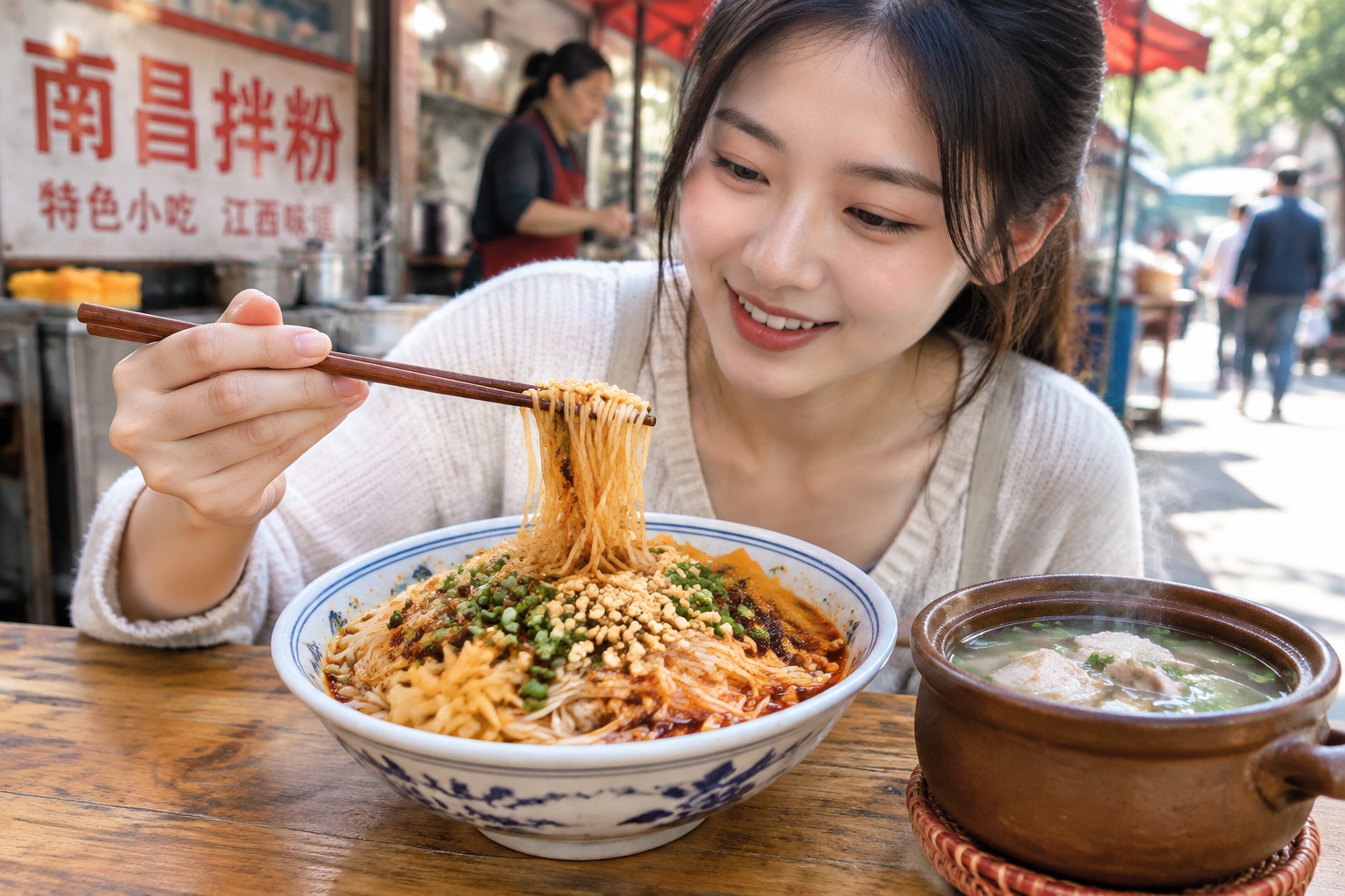 A bowl of Nanchang mixed rice noodles with chili oil, peanuts, and pickled radish beside a clay pot of slow-cooked soup on a street stall table