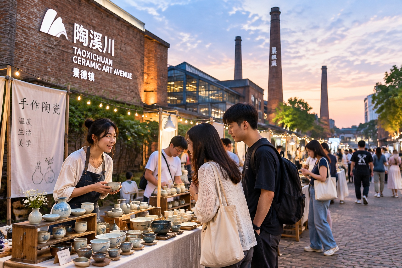 Night market at Taoxichuan in Jingdezhen with young vendors selling handmade ceramics under warm lights, old factory chimneys visible in the background