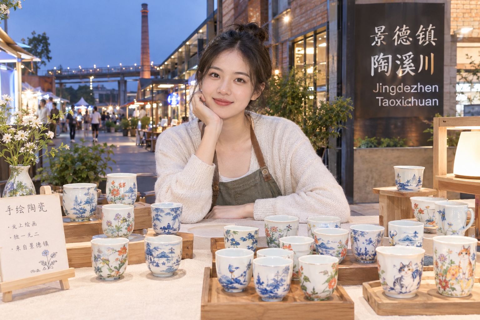 A young female ceramic artist sitting behind a table of hand-painted porcelain cups at the Taoxichuan night market in Jingdezhen