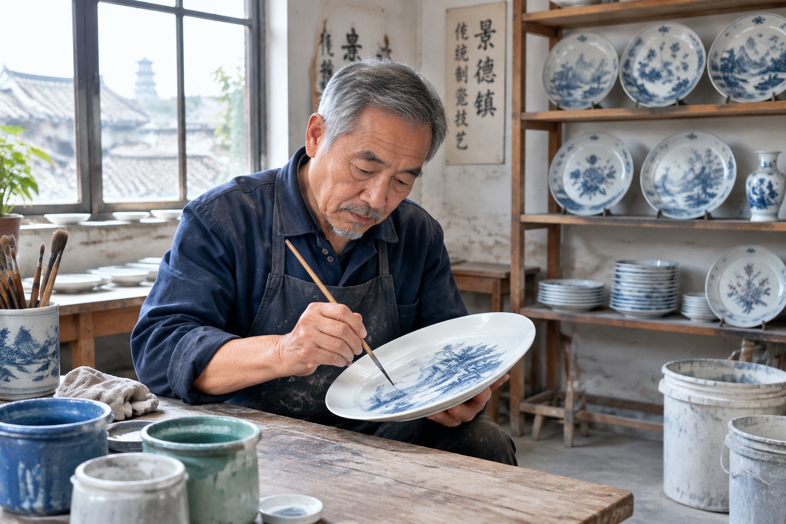 An elderly craftsman hand-painting a porcelain plate in a small traditional workshop in Jingdezhen, surrounded by shelves of ceramics and glaze buckets